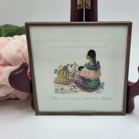 Vintage Original Indigenous Art Scene Mother Child Signed Numbered Matted Framed - Picture 1 of 9